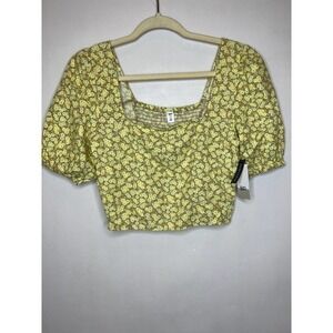 BP Floral Print Top Square Neck Puff‎ Sleeve Crop Top Yellow XS